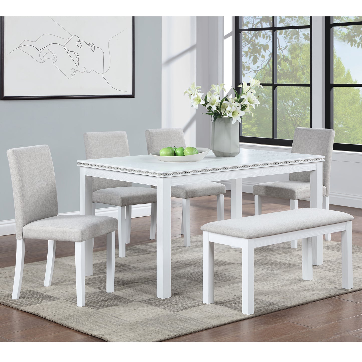 6 Piece Dining Room Set, Farmhouse Rubber Wood Dining Table Set for 6