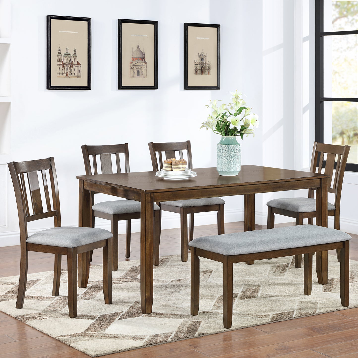 6 Pieces Dining Table Set, Farmhouse Wood Kitchen Table Set for 6 with Bench and 4 Cushioned Chairs, Farmhouse Rectangular Kitchen Dining Table and Chair Set for Dining Room, Gray