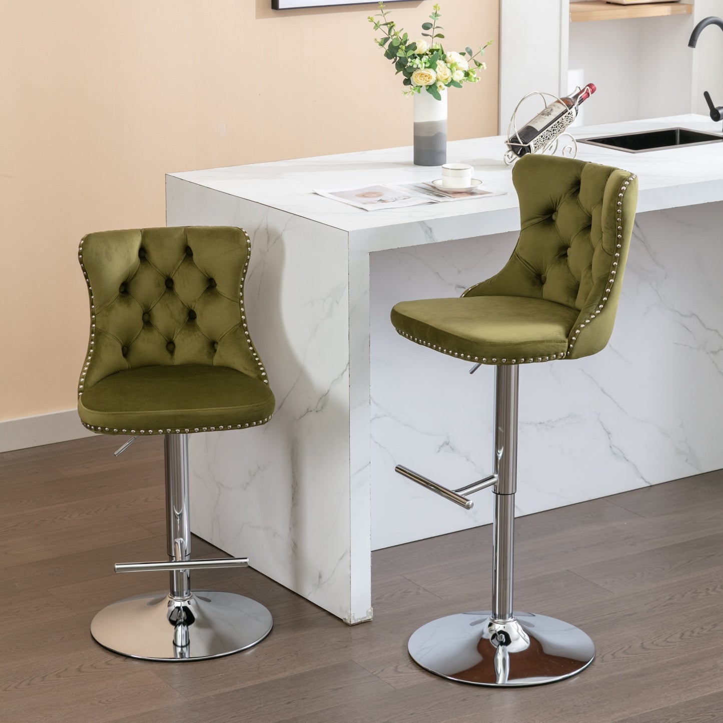 Swivel Bar Stools of 2, LegaHome Velvet Counter Height Barstools, 25-33 Inch Adjustable Height Bar Stools for Kitchen Counter, Modern Upholstered Kitchen Island Chairs, 300lbs Capacity, Pink
