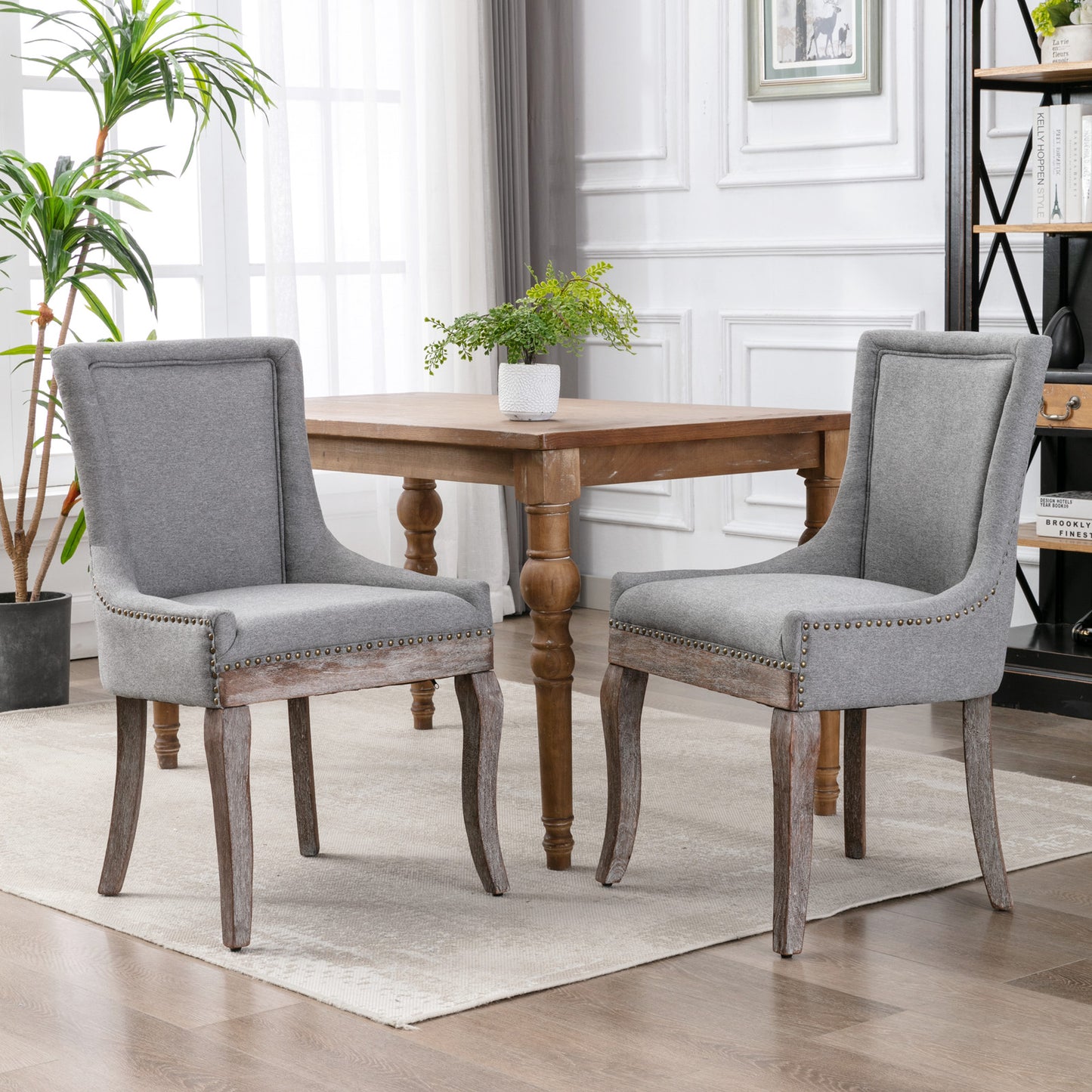Dining Chairs Set of 2, LEGAHOME Yellow Fabric Upholstered Dining Chairs, Mid-century Kitchen Chairs with High Back, Bronze Nail Head, Solid Wood Legs, Yellow, 2 Pcs