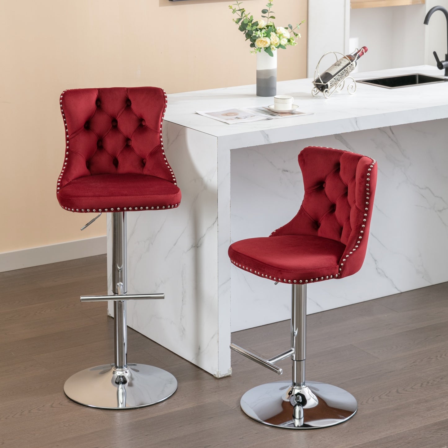 Swivel Bar Stools of 2, LegaHome Velvet Counter Height Barstools, 25-33 Inch Adjustable Height Bar Stools for Kitchen Counter, Modern Upholstered Kitchen Island Chairs, 300lbs Capacity, Pink