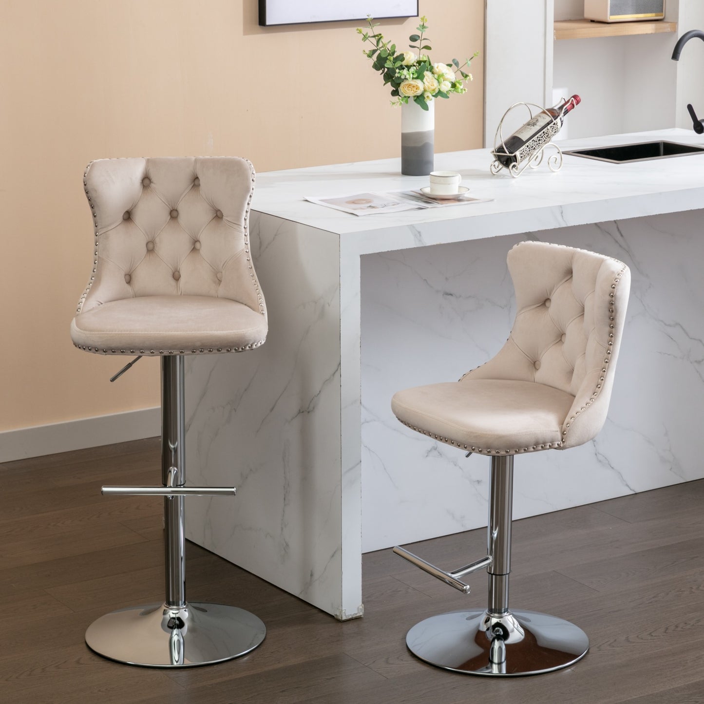 Swivel Bar Stools of 2, LegaHome Velvet Counter Height Barstools, 25-33 Inch Adjustable Height Bar Stools for Kitchen Counter, Modern Upholstered Kitchen Island Chairs, 300lbs Capacity, Pink