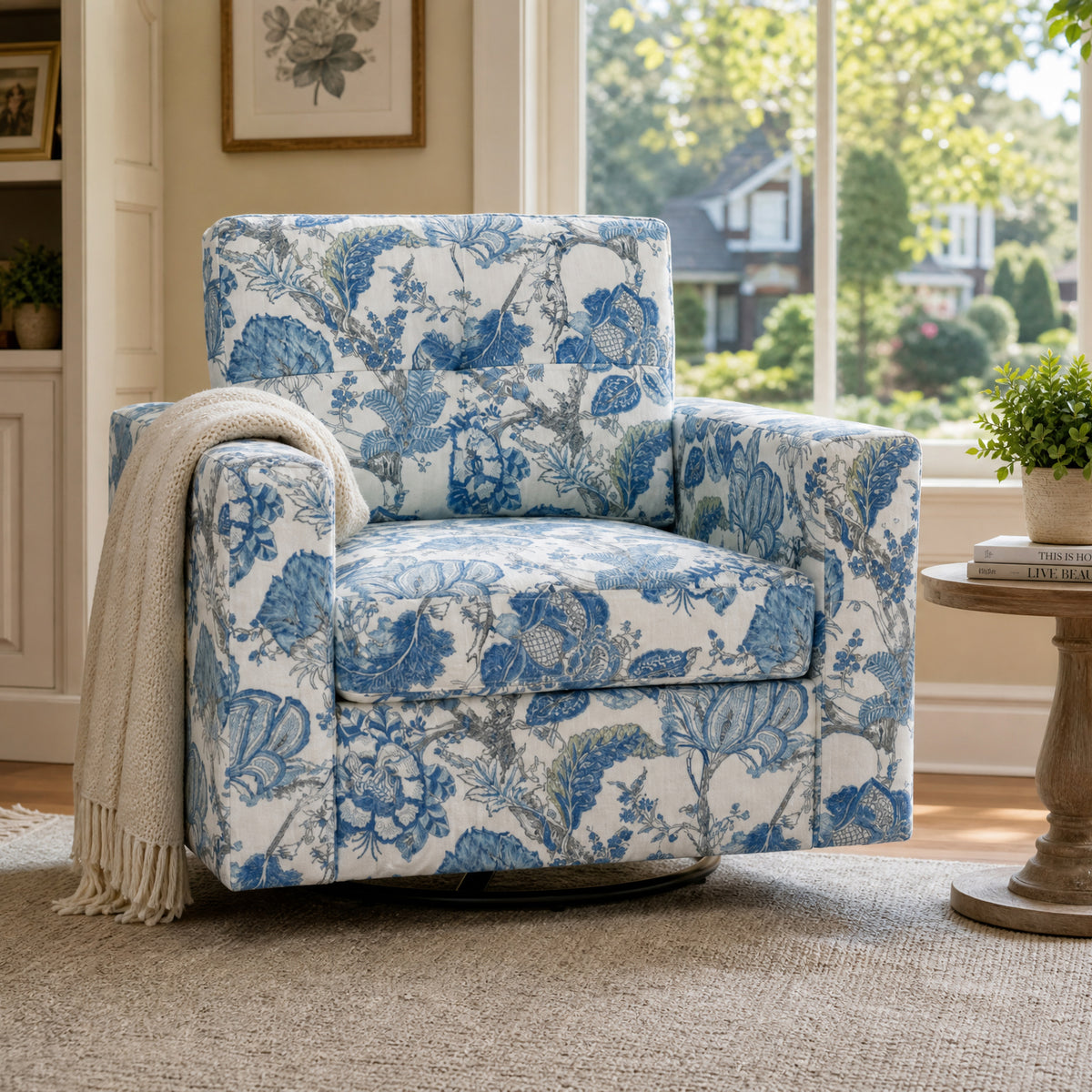 360° Swivel Accent Chair, LEGAHOME 36.0" Wide Modern Swivel Arm Chair for Living Room, Rotating Comfy Club Reading Chair, Blue Floral