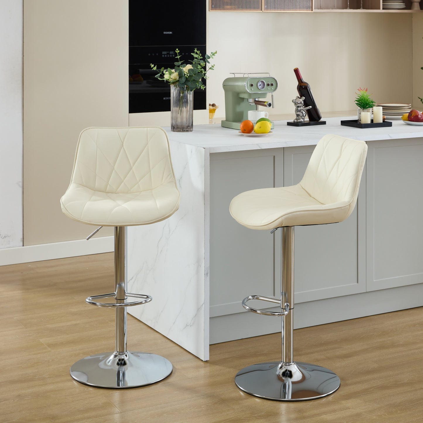 Modern Bar Height Bar Stools Set of 2, Adjustable PU Swivel Bar Chairs with Backrest and Chrome Base, Upholstered Counter Stools for Kitchen Island, Gray