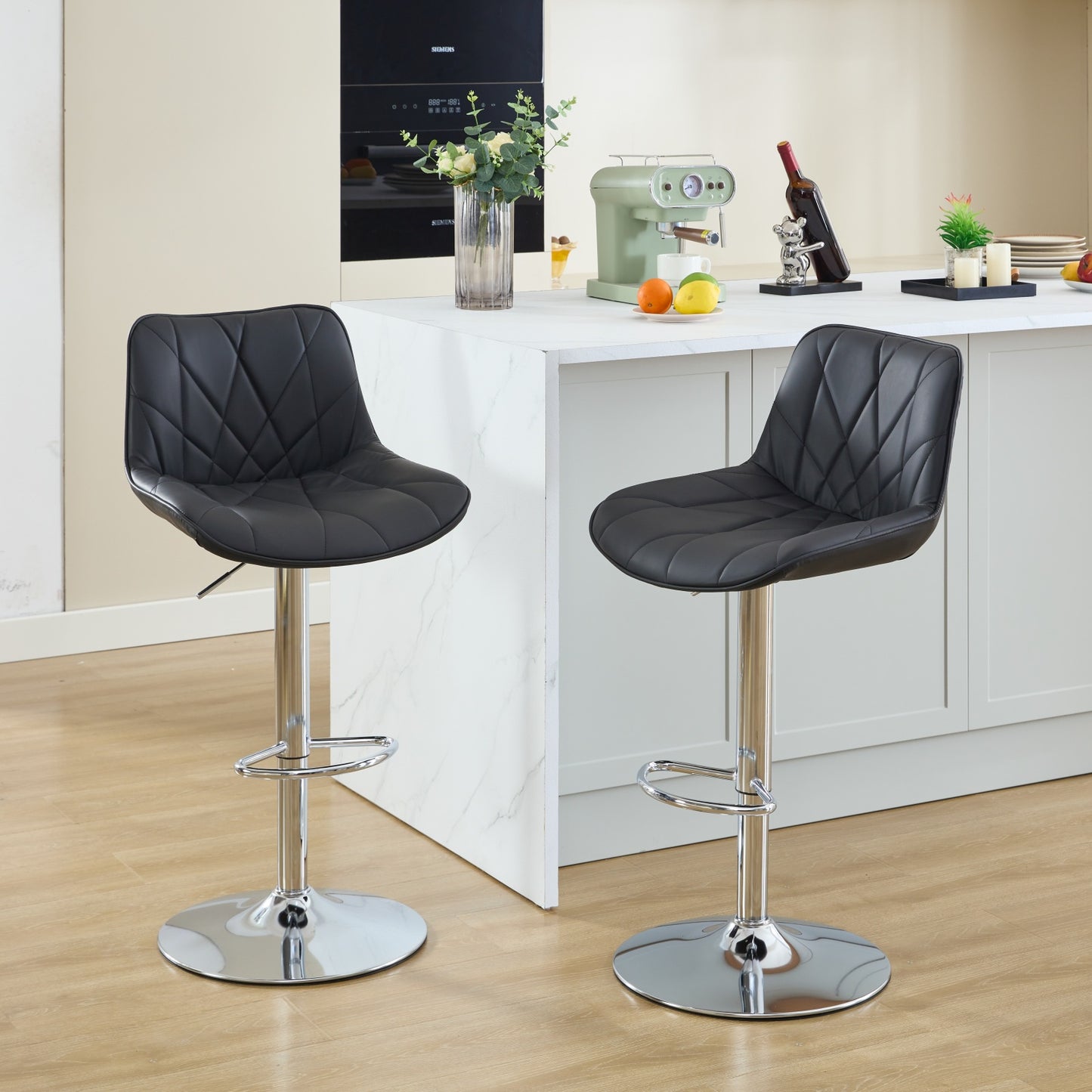 Modern Bar Height Bar Stools Set of 2, Adjustable PU Swivel Bar Chairs with Backrest and Chrome Base, Upholstered Counter Stools for Kitchen Island, Gray