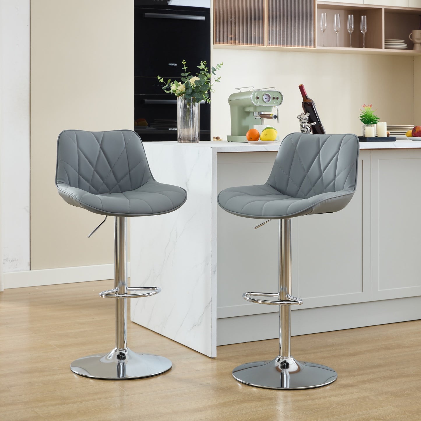 Modern Bar Height Bar Stools Set of 2, Adjustable PU Swivel Bar Chairs with Backrest and Chrome Base, Upholstered Counter Stools for Kitchen Island, Gray