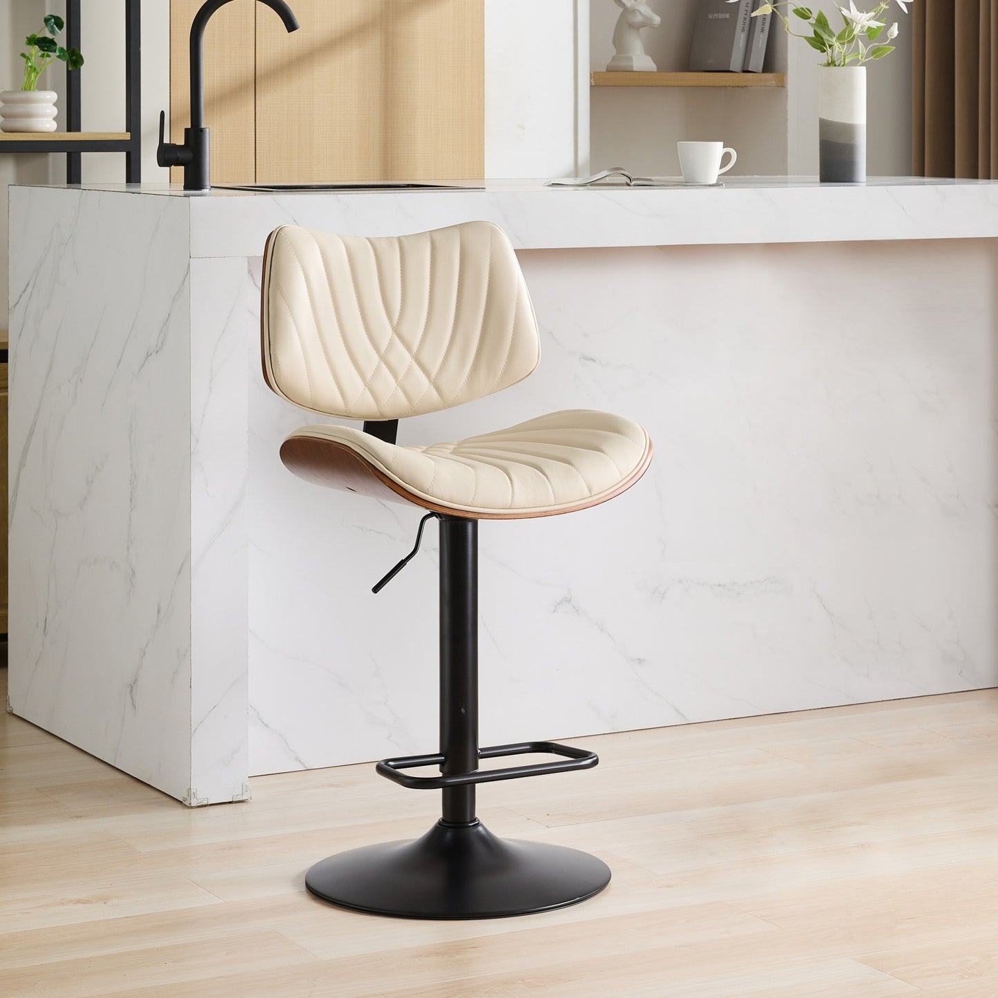 Modern Upholstered Bar Stool, Walnut Adjustable Counter Height Barstool with Back, Armless 360°Swivel Pub Stool with Footrest, Beige