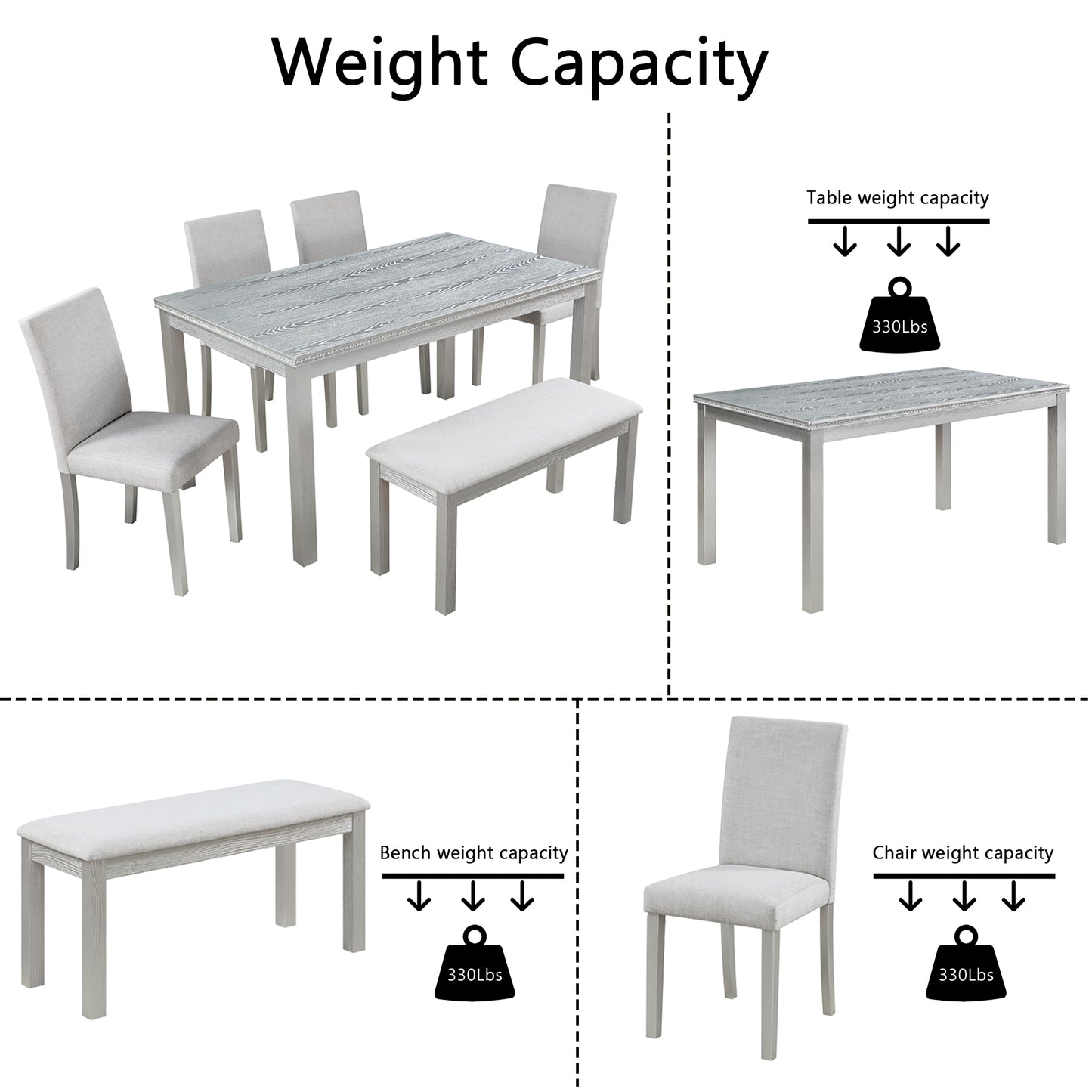 6 Piece Dining Room Set, Farmhouse Rubber Wood Dining Table Set for 6