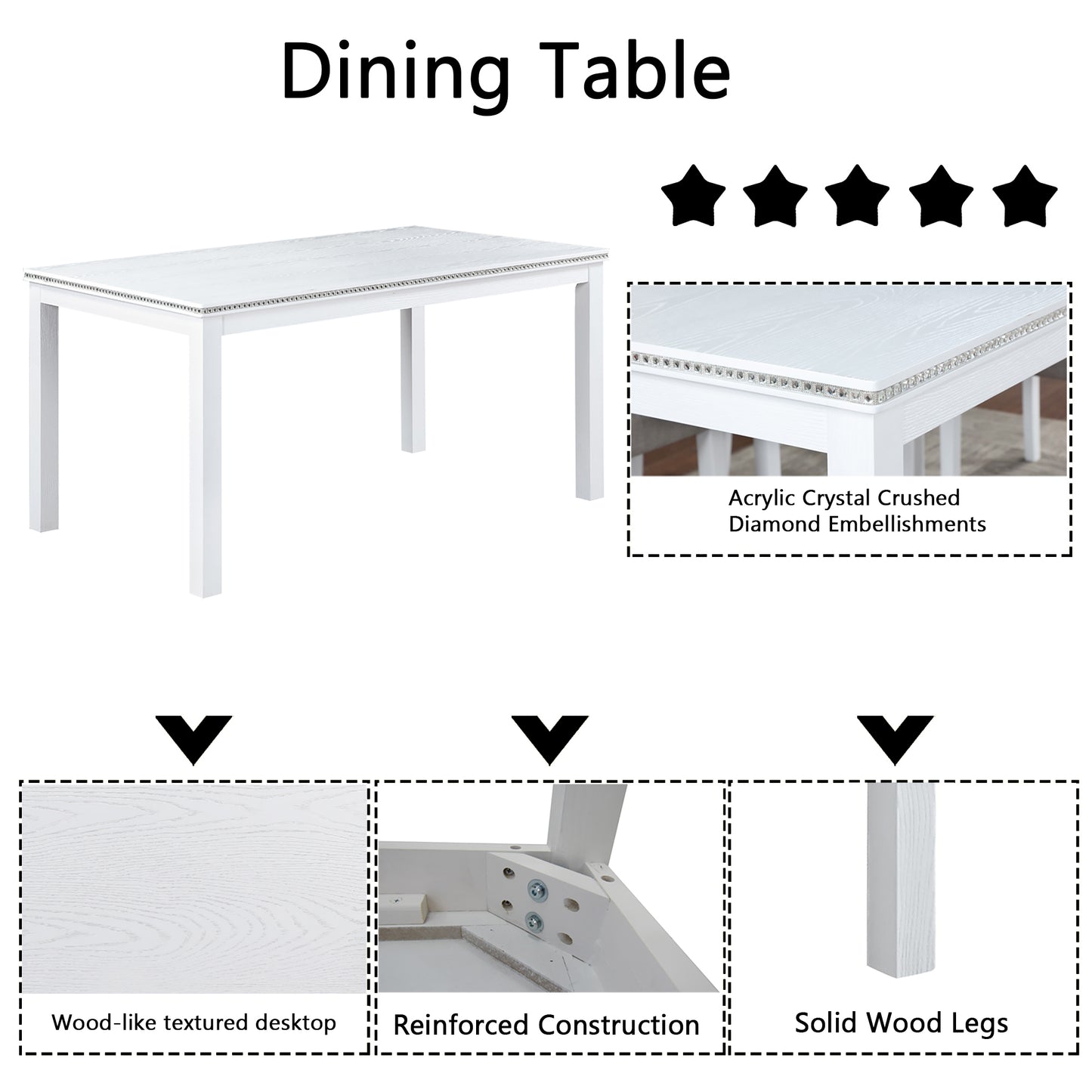 6 Piece Dining Room Set, Farmhouse Rubber Wood Dining Table Set for 6