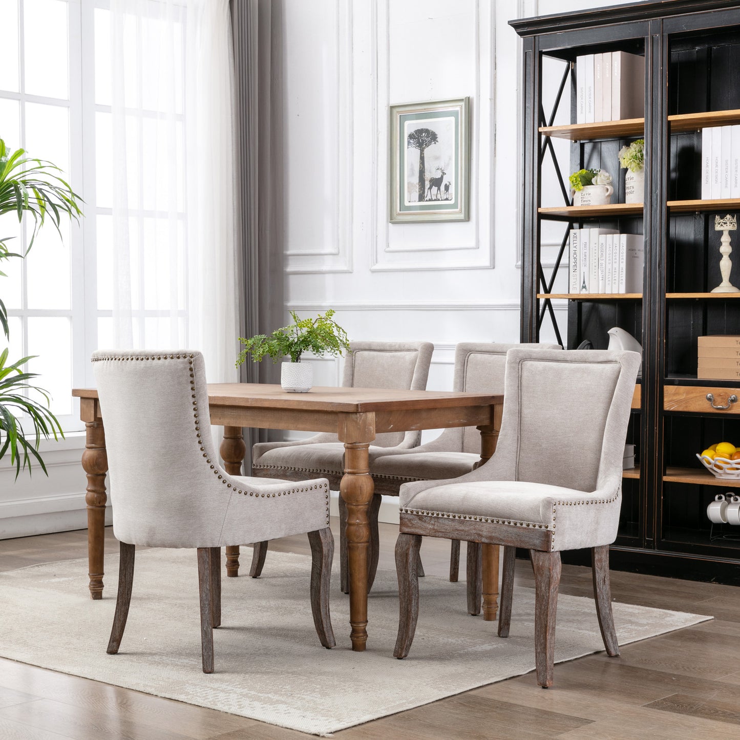 Dining Chairs Set of 2, LEGAHOME Yellow Fabric Upholstered Dining Chairs, Mid-century Kitchen Chairs with High Back, Bronze Nail Head, Solid Wood Legs, Yellow, 2 Pcs