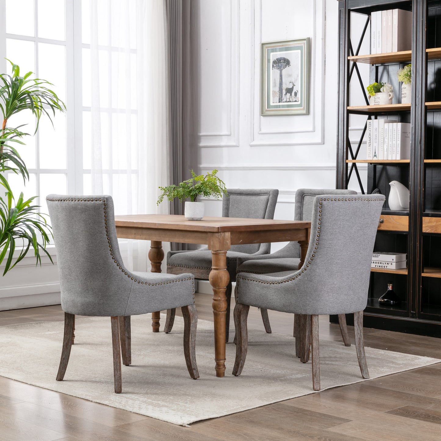 Dining Chairs Set of 2, LEGAHOME Yellow Fabric Upholstered Dining Chairs, Mid-century Kitchen Chairs with High Back, Bronze Nail Head, Solid Wood Legs, Yellow, 2 Pcs