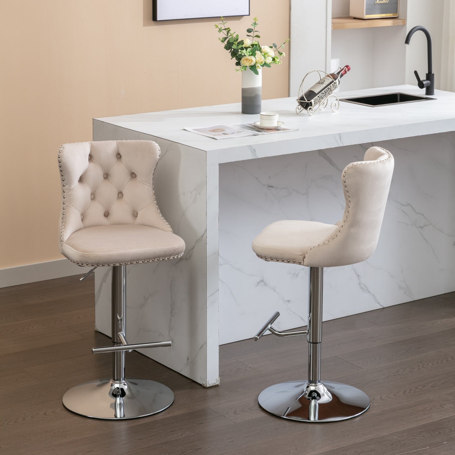 Swivel Bar Stools of 2, LegaHome Velvet Counter Height Barstools, 25-33 Inch Adjustable Height Bar Stools for Kitchen Counter, Modern Upholstered Kitchen Island Chairs, 300lbs Capacity, Pink