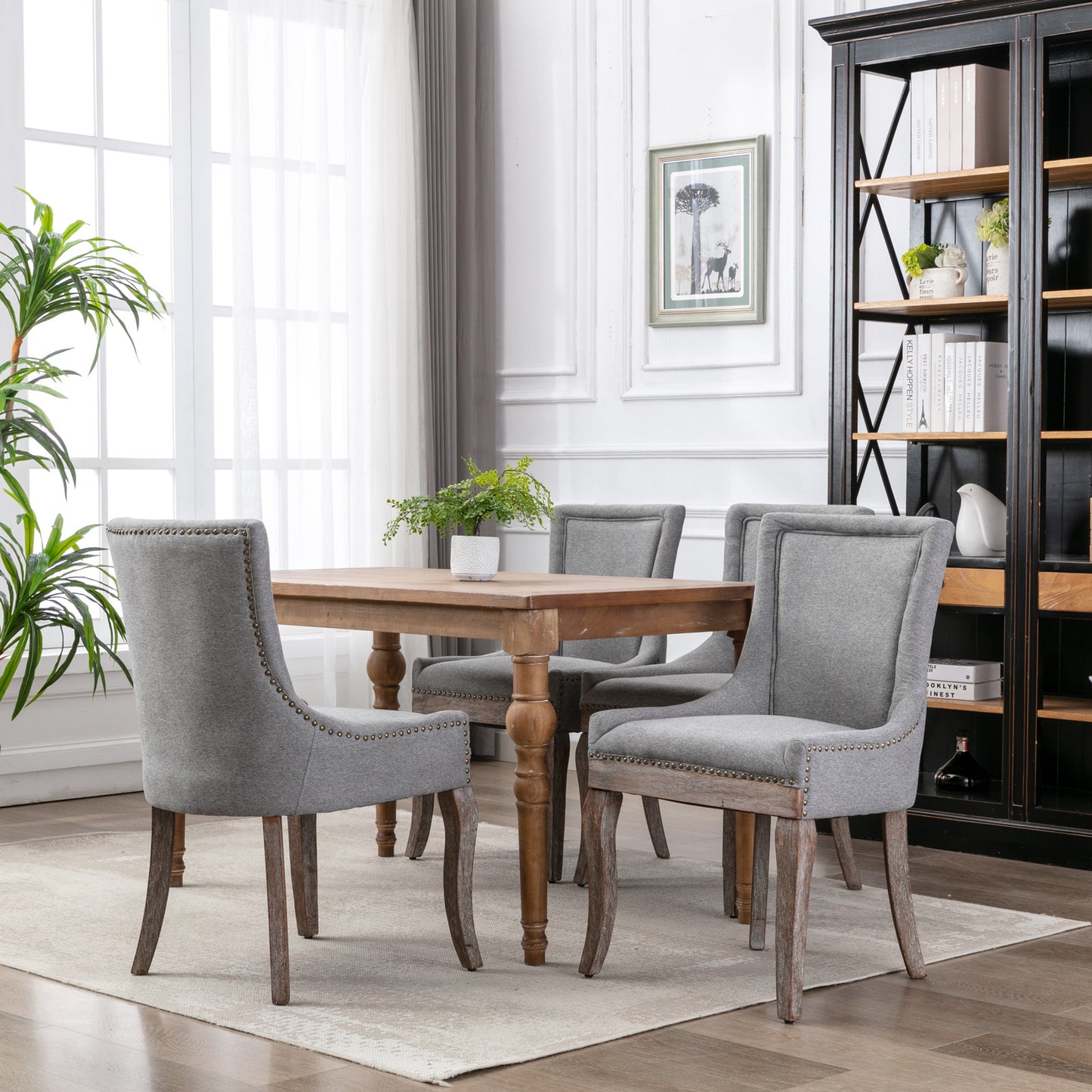 Dining Chairs Set of 2, LEGAHOME Yellow Fabric Upholstered Dining Chairs, Mid-century Kitchen Chairs with High Back, Bronze Nail Head, Solid Wood Legs, Yellow, 2 Pcs