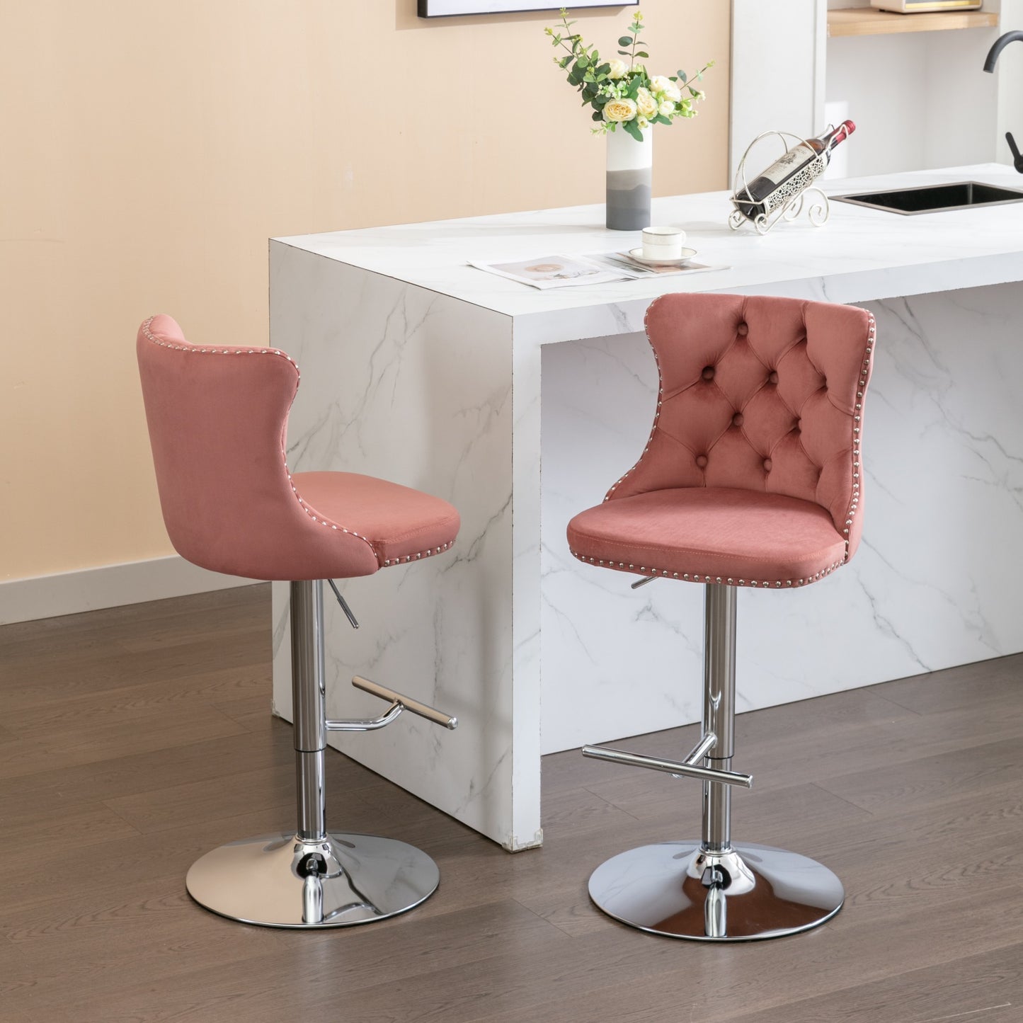 Swivel Bar Stools of 2, LegaHome Velvet Counter Height Barstools, 25-33 Inch Adjustable Height Bar Stools for Kitchen Counter, Modern Upholstered Kitchen Island Chairs, 300lbs Capacity, Pink