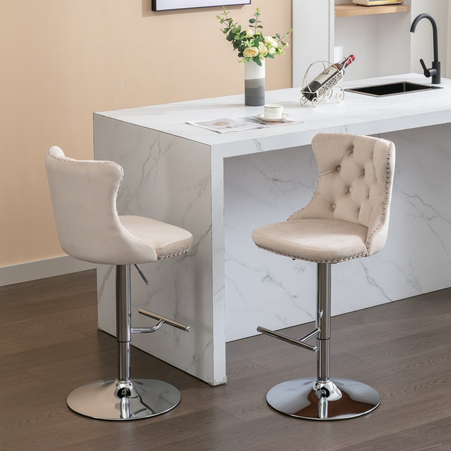 Swivel Bar Stools of 2, LegaHome Velvet Counter Height Barstools, 25-33 Inch Adjustable Height Bar Stools for Kitchen Counter, Modern Upholstered Kitchen Island Chairs, 300lbs Capacity, Pink
