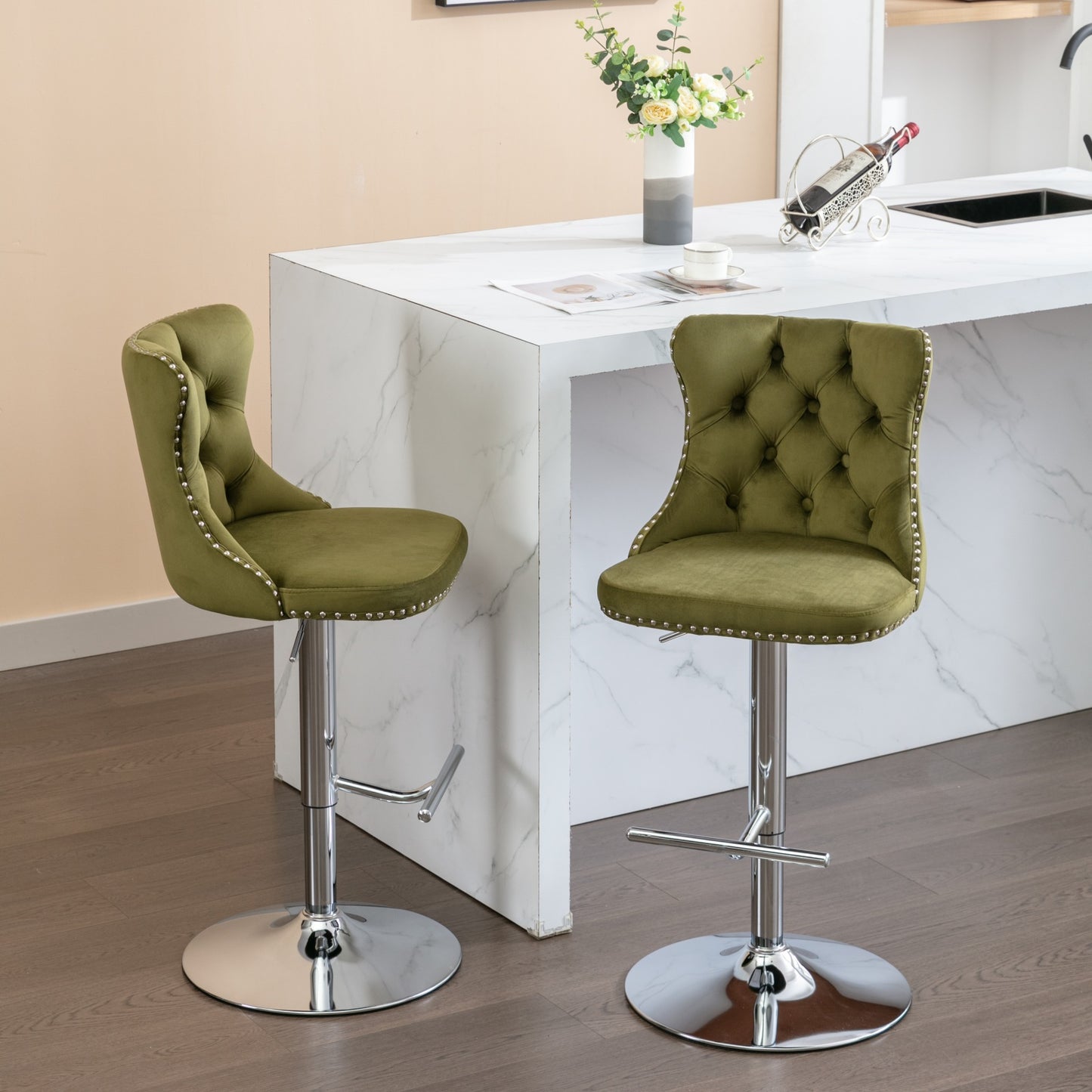 Swivel Bar Stools of 2, LegaHome Velvet Counter Height Barstools, 25-33 Inch Adjustable Height Bar Stools for Kitchen Counter, Modern Upholstered Kitchen Island Chairs, 300lbs Capacity, Pink