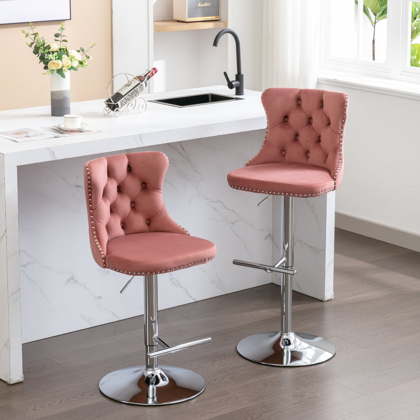 Swivel Bar Stools of 2, LegaHome Velvet Counter Height Barstools, 25-33 Inch Adjustable Height Bar Stools for Kitchen Counter, Modern Upholstered Kitchen Island Chairs, 300lbs Capacity, Pink