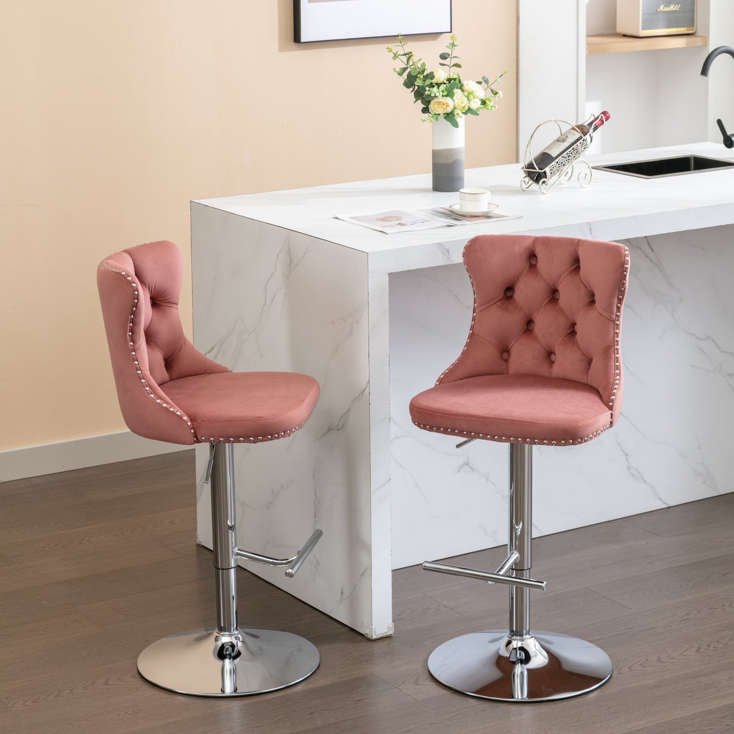Swivel Bar Stools of 2, LegaHome Velvet Counter Height Barstools, 25-33 Inch Adjustable Height Bar Stools for Kitchen Counter, Modern Upholstered Kitchen Island Chairs, 300lbs Capacity, Pink