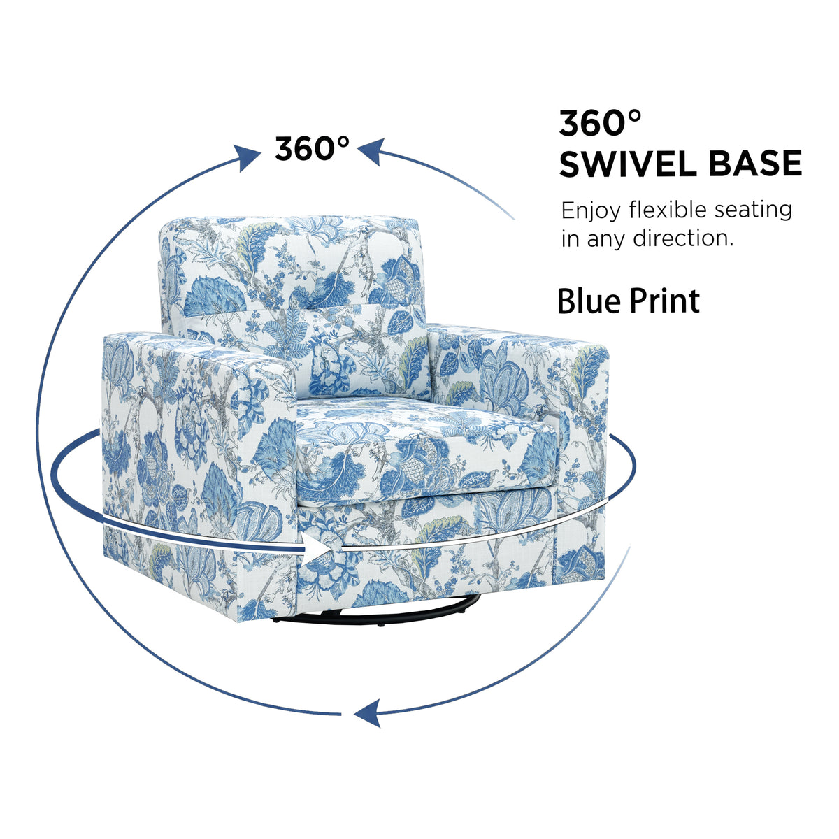 360° Swivel Accent Chair, LEGAHOME 36.0" Wide Modern Swivel Arm Chair for Living Room, Rotating Comfy Club Reading Chair, Blue Floral