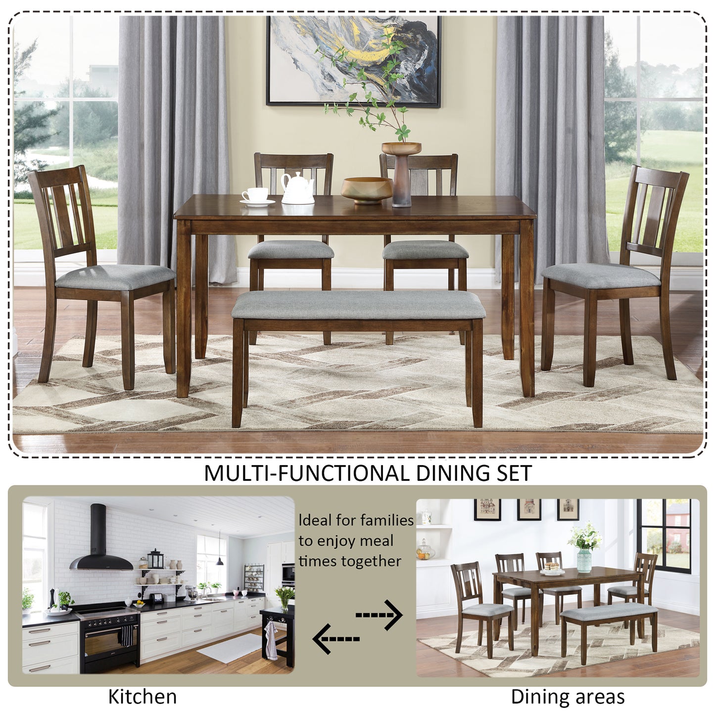 6 Pieces Dining Table Set, Farmhouse Wood Kitchen Table Set for 6 with Bench and 4 Cushioned Chairs, Farmhouse Rectangular Kitchen Dining Table and Chair Set for Dining Room, Gray