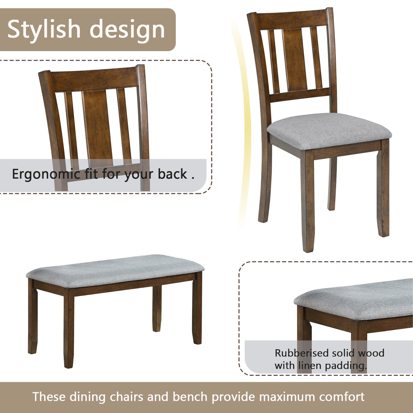 6 Pieces Dining Table Set, Farmhouse Wood Kitchen Table Set for 6 with Bench and 4 Cushioned Chairs, Farmhouse Rectangular Kitchen Dining Table and Chair Set for Dining Room, Gray