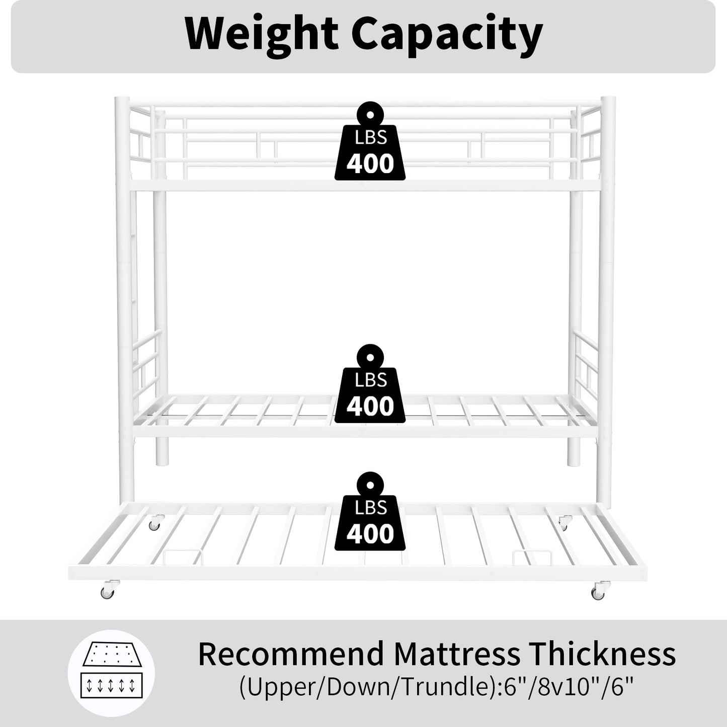 Twin Over Twin Bunk Bed with Trundle, LEGAHOME White Metal Bunk Bed For Teens, Heavy Duty Convertible BunkBeds for 350lbs Weight Capacity, White