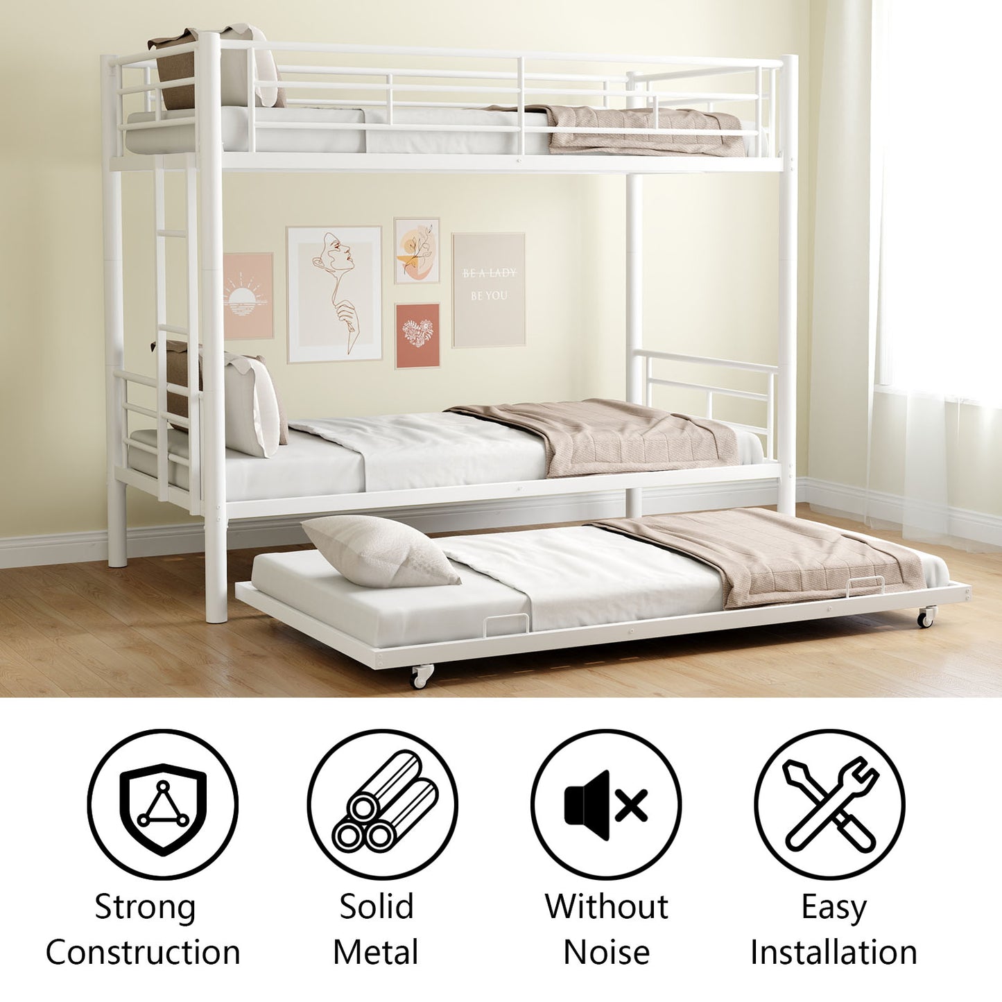 Twin Over Twin Bunk Bed with Trundle, LEGAHOME White Metal Bunk Bed For Teens, Heavy Duty Convertible BunkBeds for 350lbs Weight Capacity, White