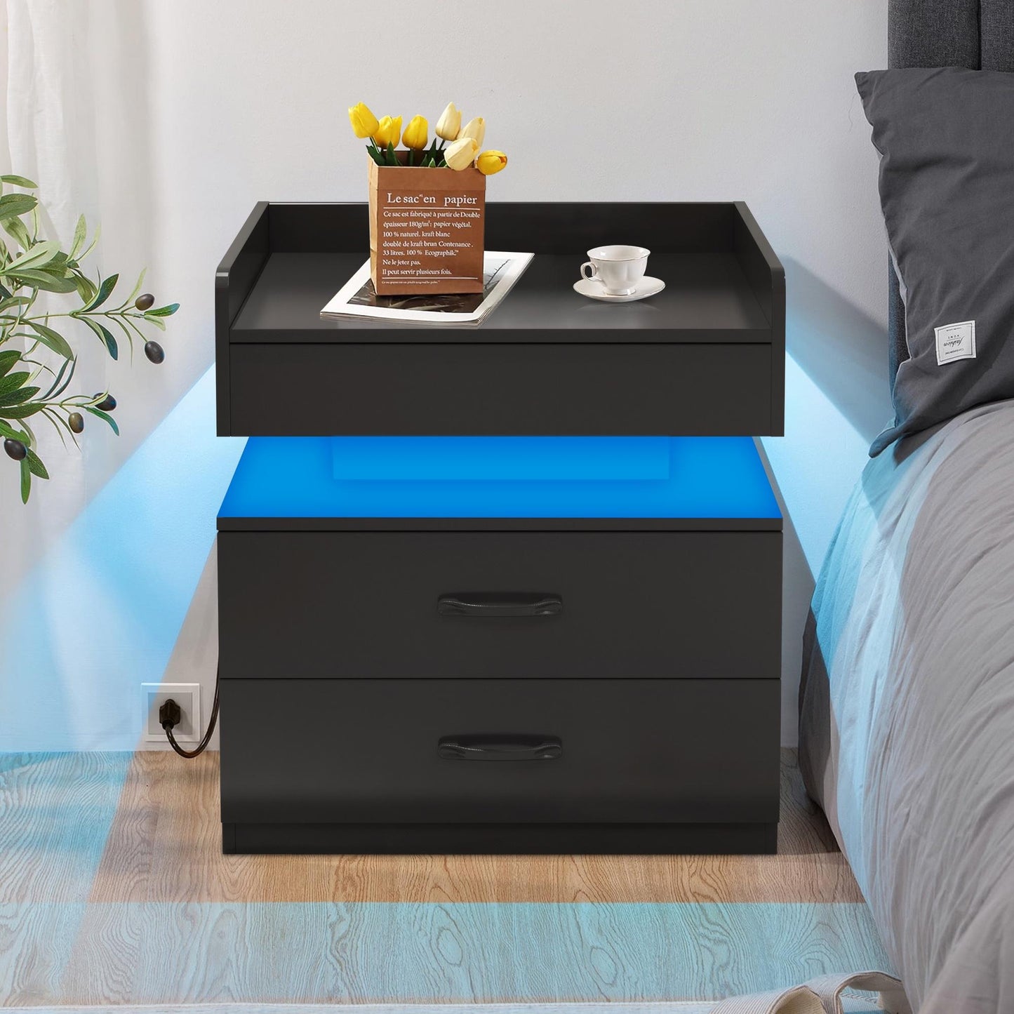 iRerts Side Table with Charging Station, Wood Nightstand with Drawers and LED Lights, Bedside Table with Plug Outlets, 2 USB Ports, Modern End Side Table for Bedroom Living Room Office, Black