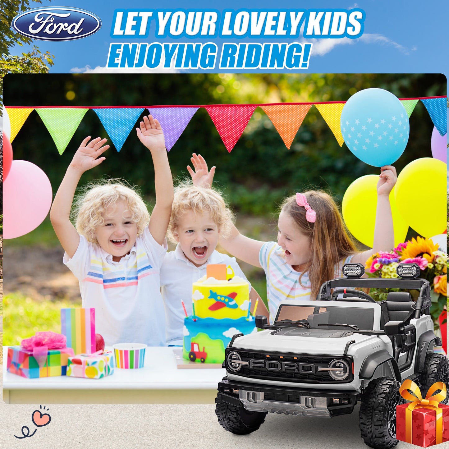 24V 2 Seater Ride on Toy Car, Licensed Ford Bronco Raptor Ride on Trucks with Remote Control, Bluetooth Music Player, Spring Suspension, Battery Powered Electric Car for Kids Boys Girl Ages 3-8, White