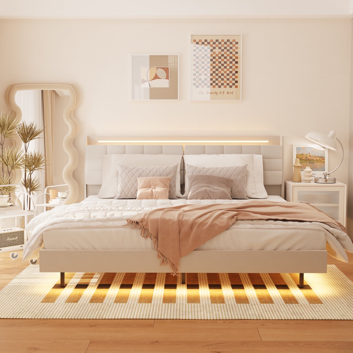 Queen Floating Bed Frame with LED Lights, Upholstered Platform Bed Frame with Storage Headboard and Charging Station, Heavy Duty Queen Size Bed with Hidden Storage Space