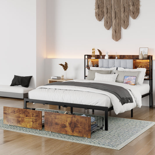 Queen Size Bed Frame with LED Lights Headboard, Upholstered Metal Platform Bed with 2 Storage Drawers and Charging Station