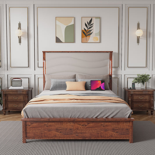 Queen Size Platform Bed Frame with Upholstered Headboard, Wood Modern Queen Bed Frame with Built-in Charging and LED Lights