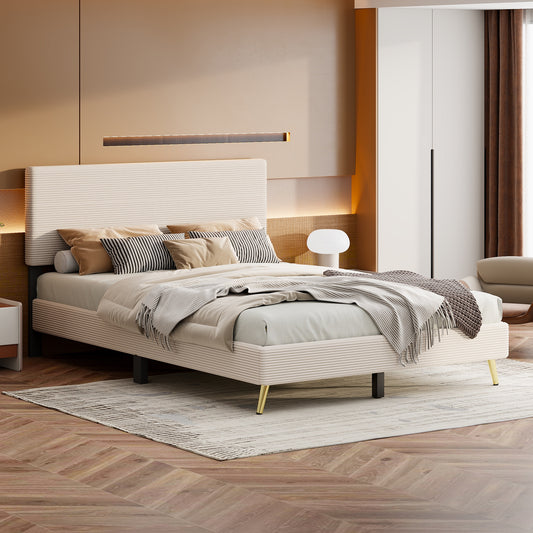 Queen Upholstered Bed Frame, Wood Corduroy Platform Bed with Horizontal Stripe Headboard and Metal Legs, Modern Queen Bed Frame for Teens Adults, Beige