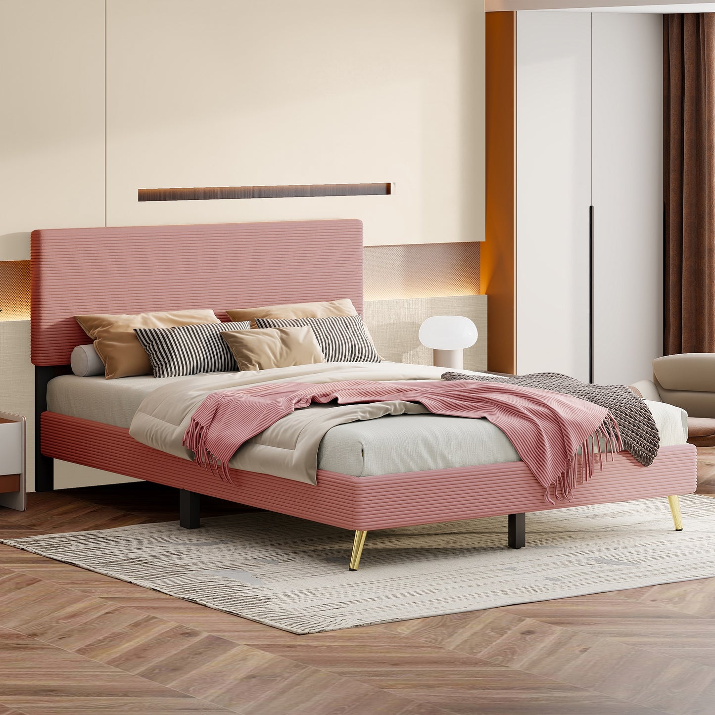 Queen Upholstered Bed Frame, Wood Corduroy Platform Bed with Horizontal Stripe Headboard and Metal Legs, Modern Queen Bed Frame for Teens Adults, Beige
