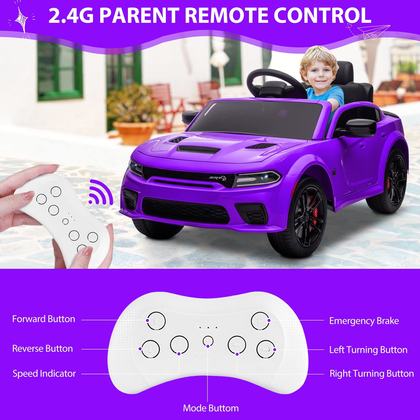 Legahome Purple 12v Kids Electric Cars, Licensed Dodge Charger Kids Ride on Cars with Remote Control, Battery Powered Ride on Toys with Bluetooth, Music, USB, MP3, 4 Wheel Suspension