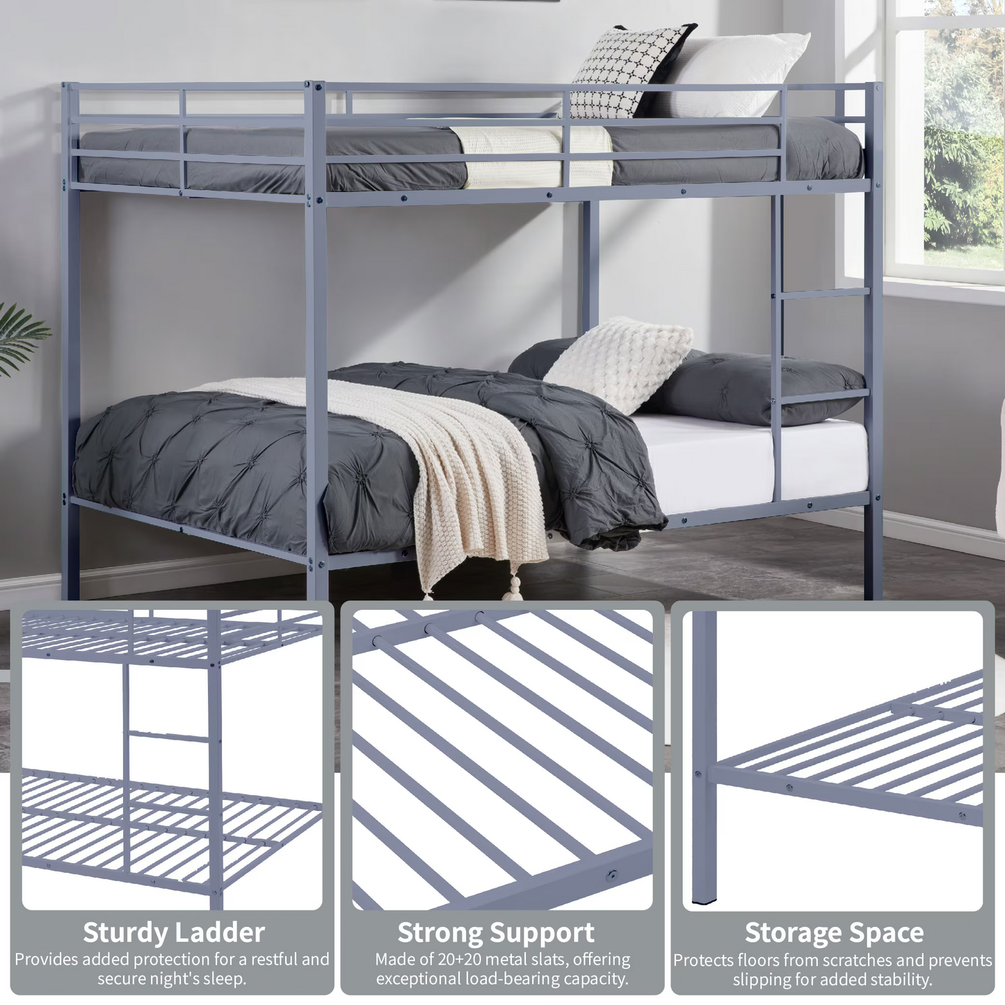 Full Size Bunk Beds, Heavy Duty Bunk Beds For Kids Full over Full, Metal Bunk Beds No Box Spring Needed for Adults, 450ls Weight Capacity, White