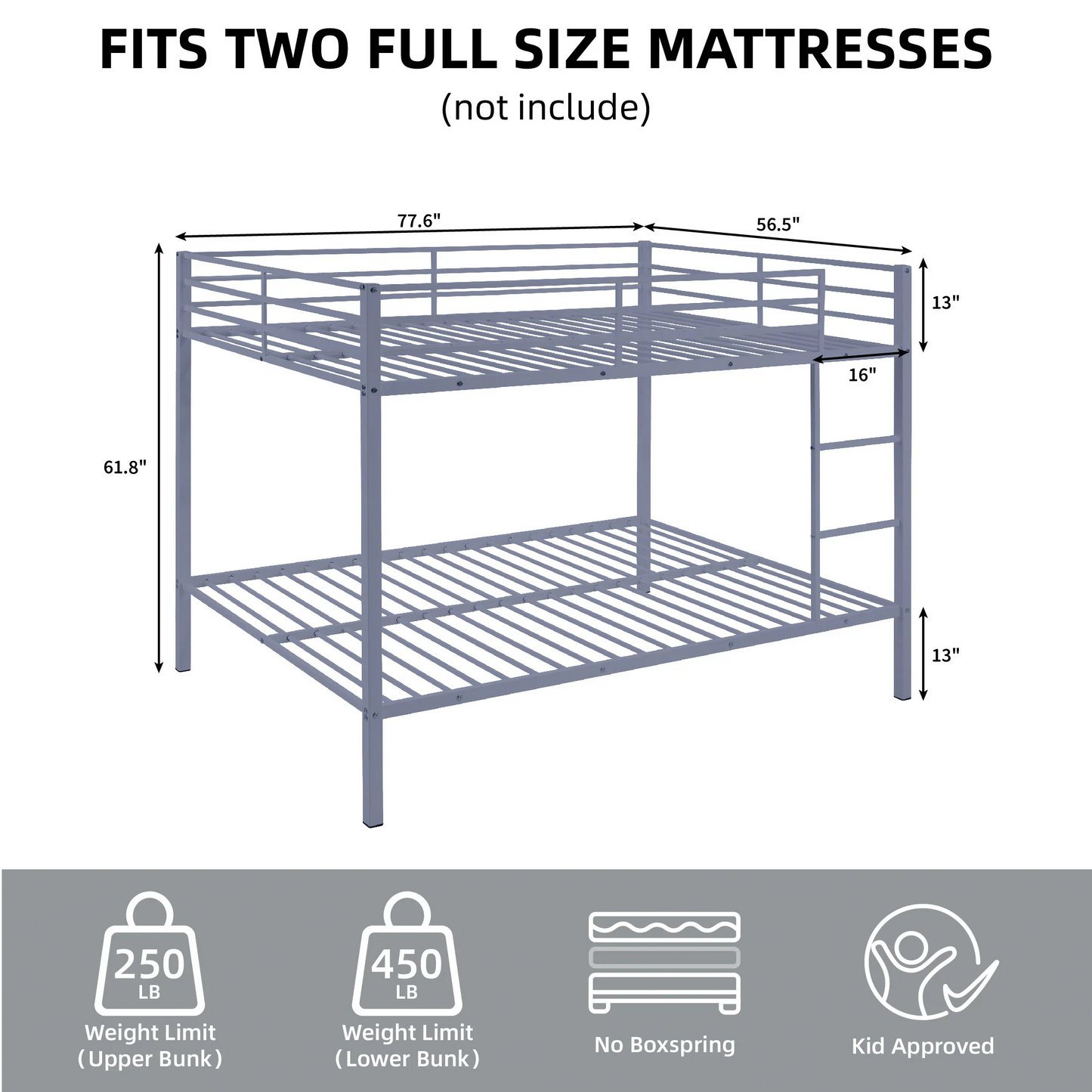 Full Size Bunk Beds, Heavy Duty Bunk Beds For Kids Full over Full, Metal Bunk Beds No Box Spring Needed for Adults, 450ls Weight Capacity, White