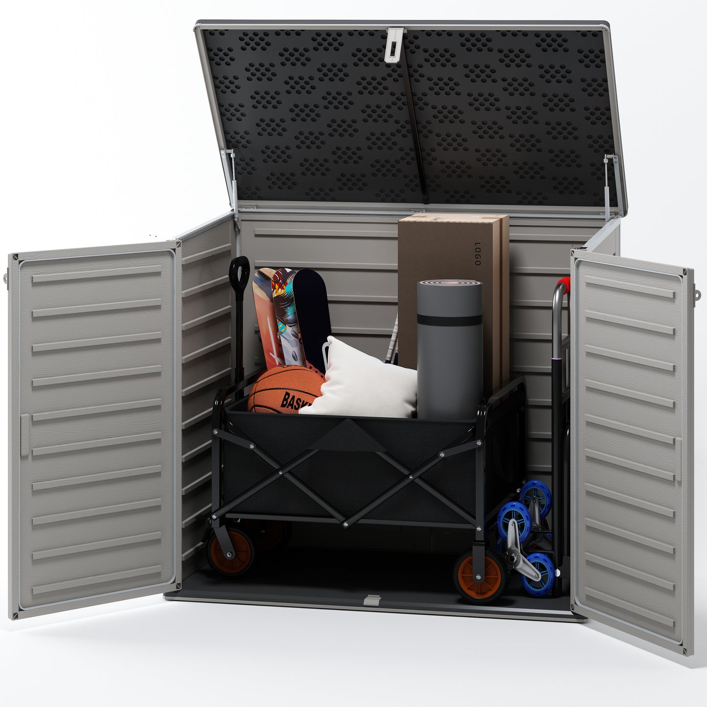 Legahome Outdoor Storage Shed, 304 Gallon Outdoor Trash Storage Shed with Floor and Locking Latch, Waterproof UV Protection Storage Deck Box Tool Shed for Trash Cans/Garden Tools/Lawn Mower/Bike, Gray