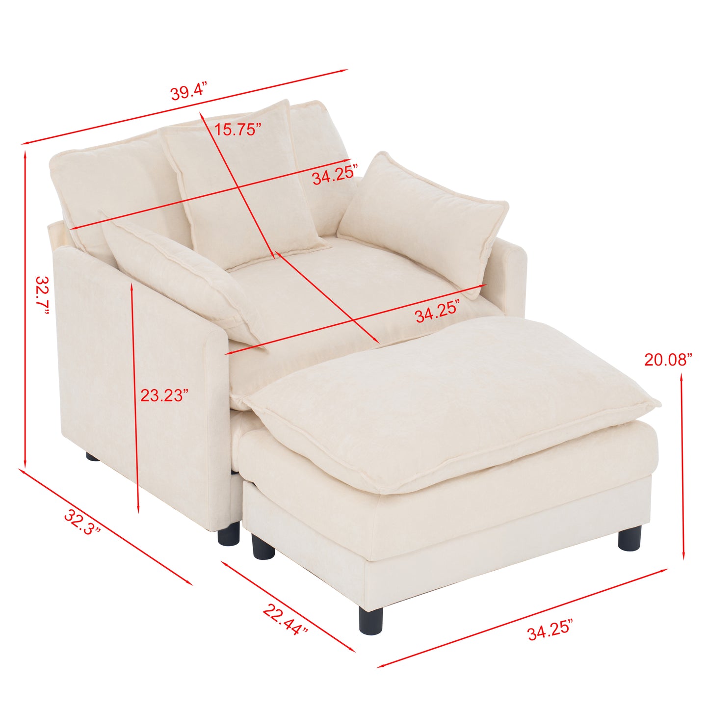 Accent Chair with Ottoman, Legahome 40"Wide Chenille Upholstered Barrel Chair, Oversized Armchair Chair with 3 Pillows, Club Chair Reading Chair for Living Room Bedroom, Beige