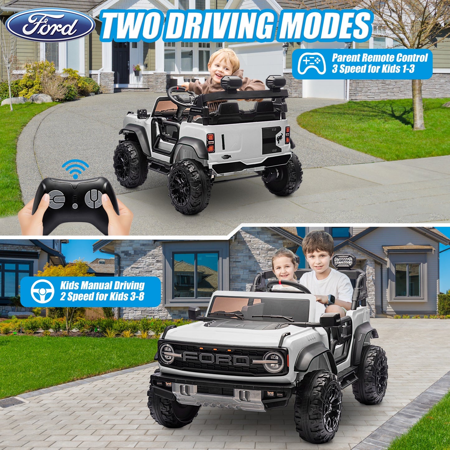 24V 2 Seater Ride on Toy Car, Licensed Ford Bronco Raptor Ride on Trucks with Remote Control, Bluetooth Music Player, Spring Suspension, Battery Powered Electric Car for Kids Boys Girl Ages 3-8, White