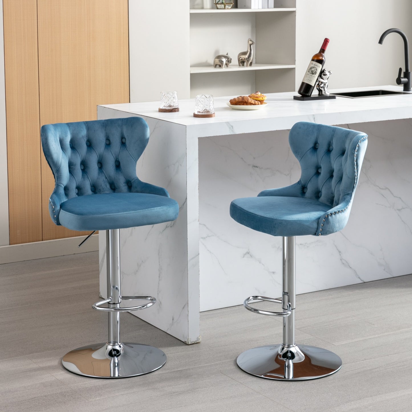 Swivel Bar Stools Set of 2, Adjustable Velvet Counter Height Bar Stools with Tufted Back and Chrome Base,Olive-Green