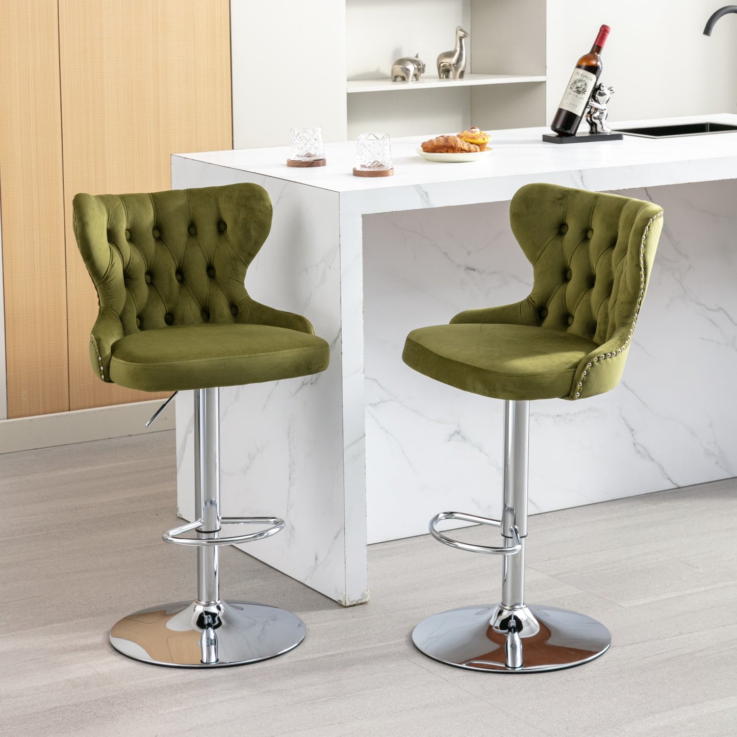 Swivel Bar Stools Set of 2, Adjustable Velvet Counter Height Bar Stools with Tufted Back and Chrome Base,Olive-Green