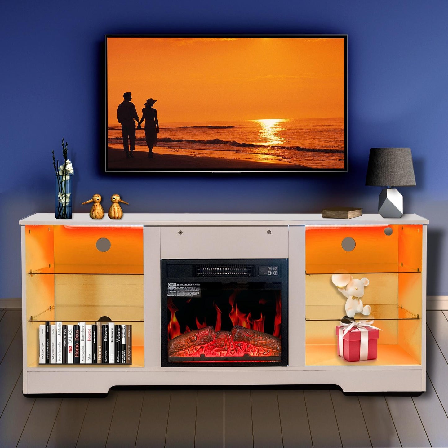 TV Stand with Fireplace for 62 Inch TV, Modern Electric Fireplace TV Cabinet, Media Entertainment Center Television Console Table with 16 Color, Remote and Adjustable Glass Storage Shelves