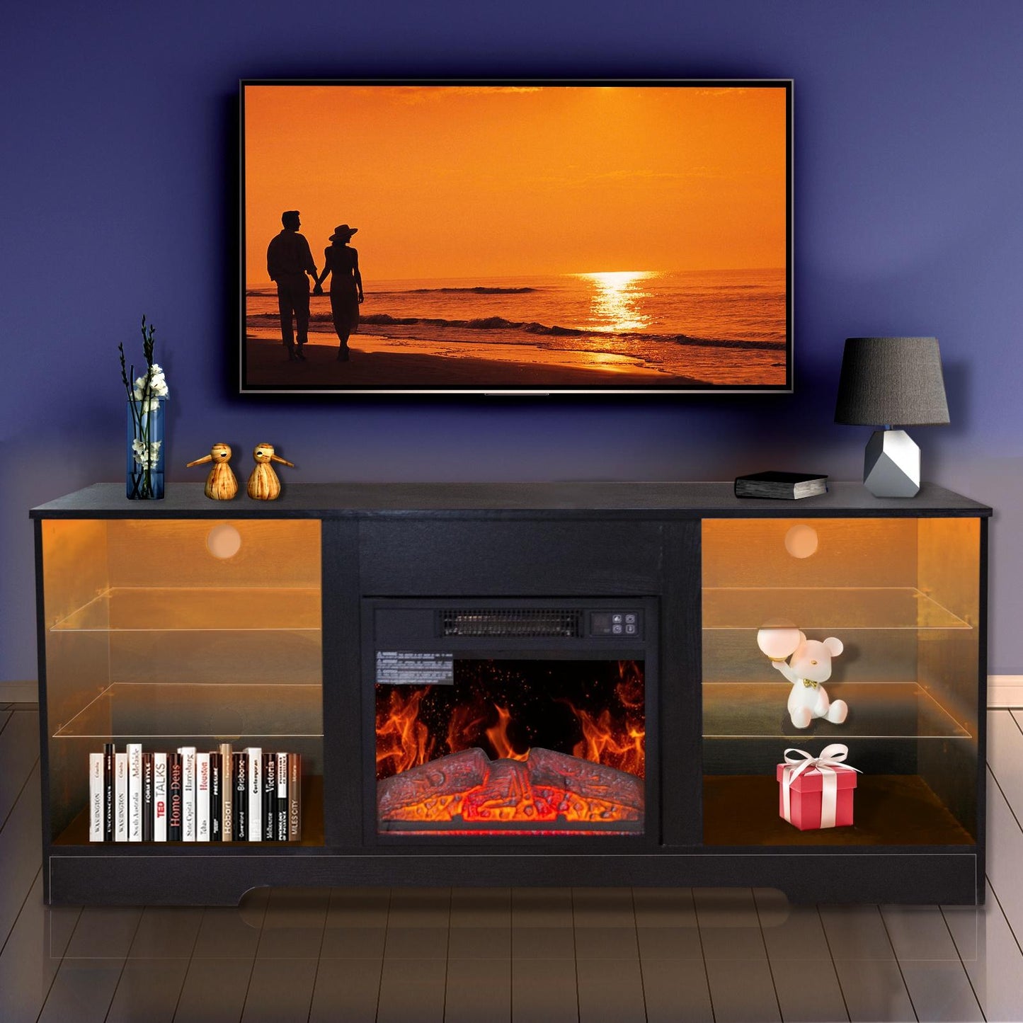 TV Stand with Fireplace for 62 Inch TV, Modern Electric Fireplace TV Cabinet, Media Entertainment Center Television Console Table with 16 Color, Remote and Adjustable Glass Storage Shelves