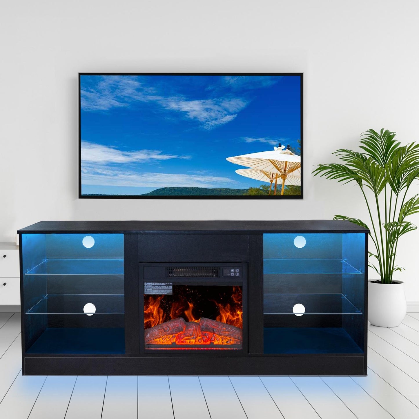 TV Stand with Fireplace for 62 Inch TV, Modern Electric Fireplace TV Cabinet, Media Entertainment Center Television Console Table with 16 Color, Remote and Adjustable Glass Storage Shelves