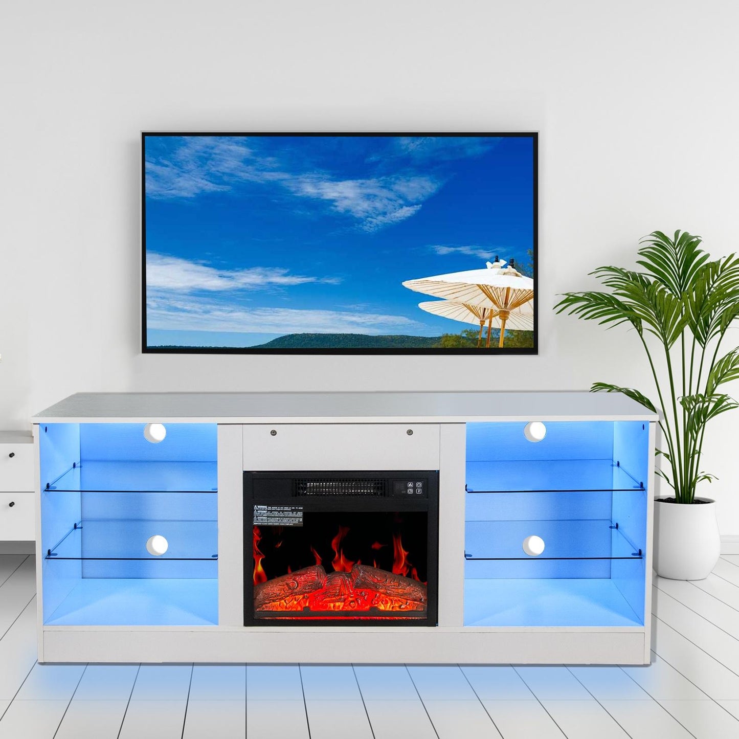 TV Stand with Fireplace for 62 Inch TV, Modern Electric Fireplace TV Cabinet, Media Entertainment Center Television Console Table with 16 Color, Remote and Adjustable Glass Storage Shelves