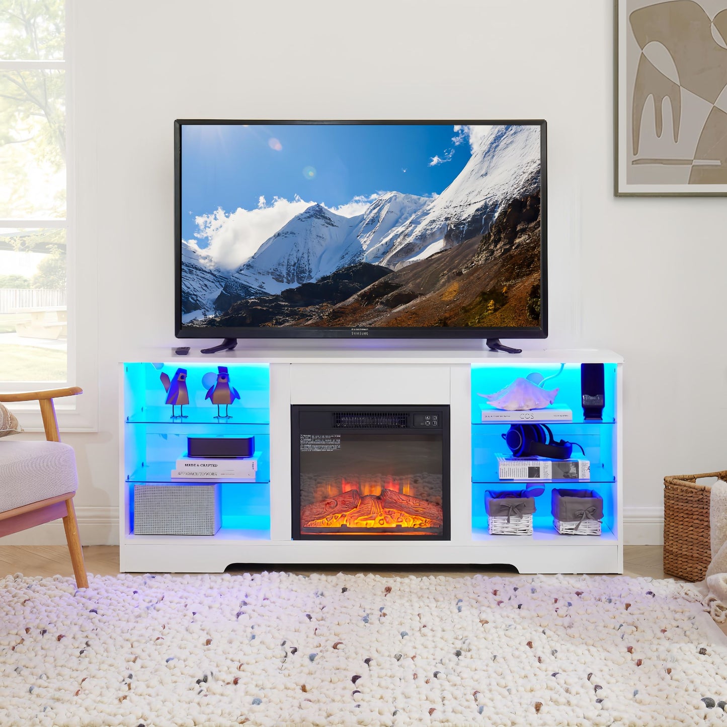 TV Stand with Fireplace for 62 Inch TV, Modern Electric Fireplace TV Cabinet, Media Entertainment Center Television Console Table with 16 Color, Remote and Adjustable Glass Storage Shelves