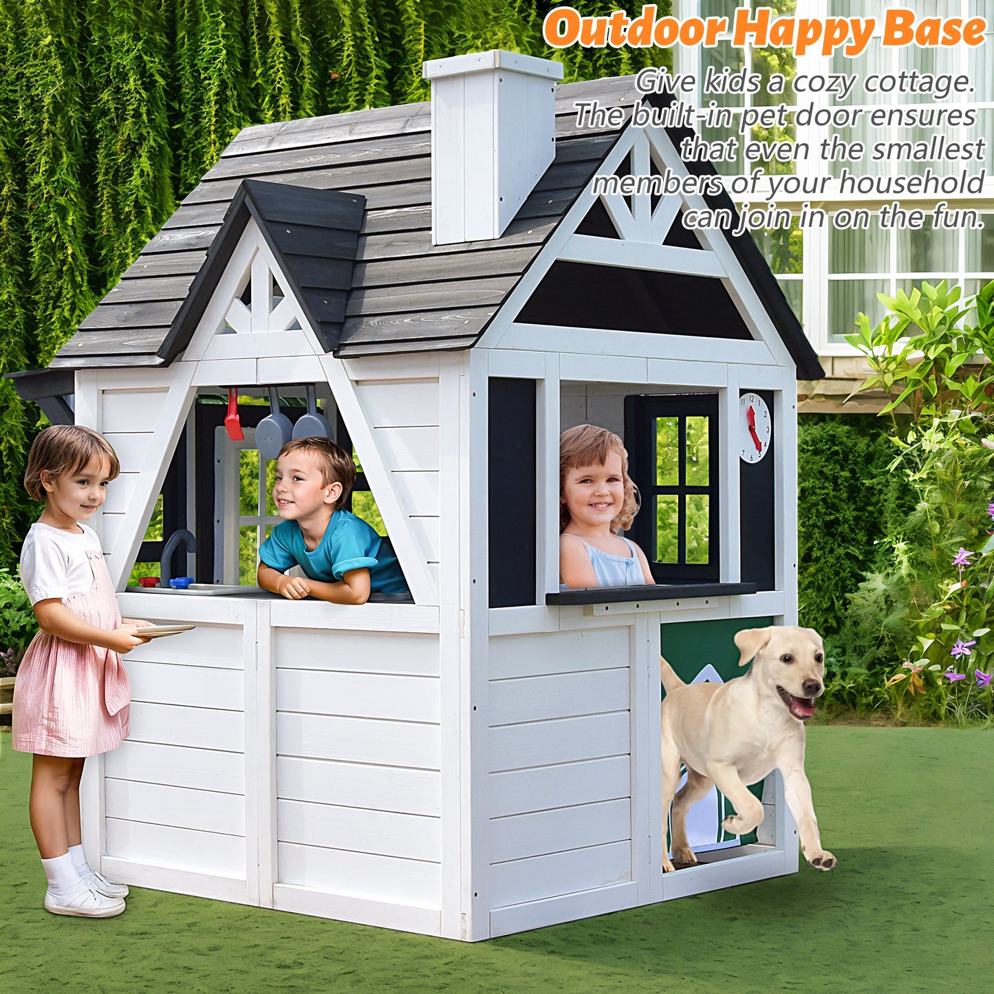 Legahome Outdoor Playhouse, Wooden Playhouse for Kids Outdoor, Kids Play House with Front Door, Flower Pot Holders, Stove, Sink, Doorbell, Windows, Indoor Outdoor Kids Play Equipment Gift for Ages 2+