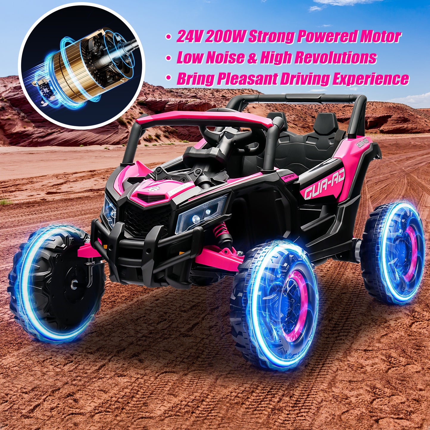 Powered Ride on Toy UTV for Boys, 24 Volt Ride on Cars with Remote Control, Bluetooth, Music Player, Spring Suspension, LED Lights, Larger Seat 4 Wheeler Electric Cars for Kids Girls Gifts, Pink