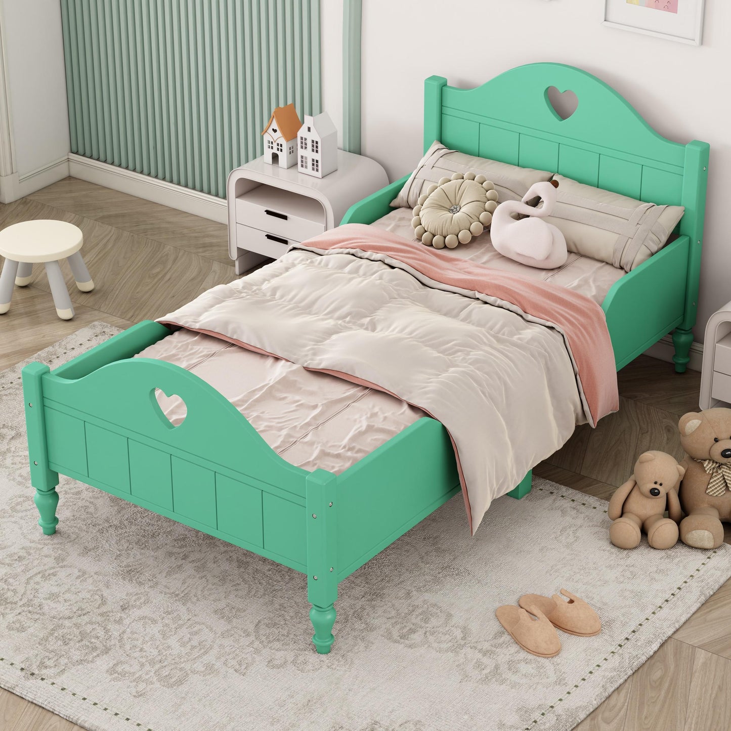 Twin Bed Frames for Girls, Princess Bed Platform No Box Spring Needed, Wood Twin Size Bed Frame with Headboard and Footboard, Side Safety Rails, Macaron Green